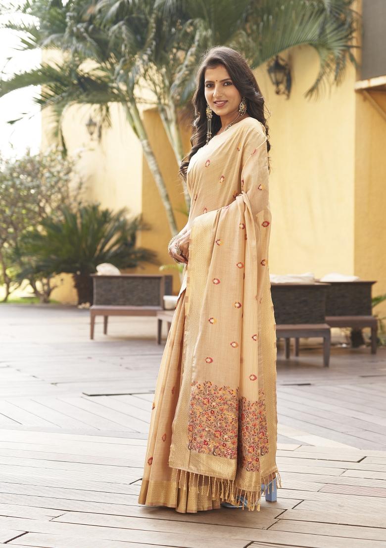 Cream Zari Embroidery Silk Saree - Indya