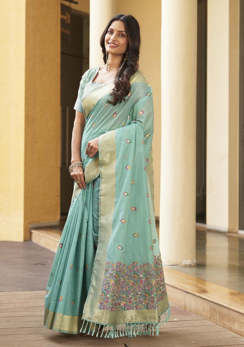 Blue Zari Embroidery Silk Saree - Indya