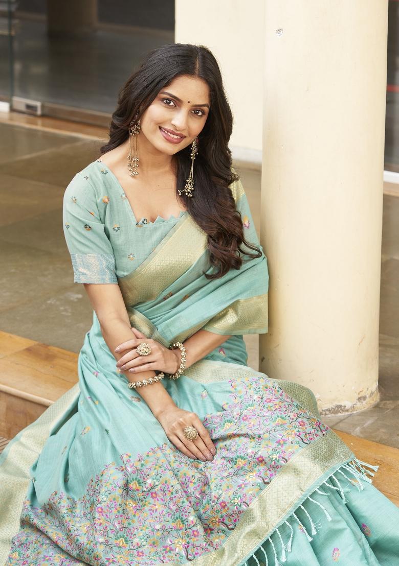 Blue Zari Embroidery Silk Saree - Indya