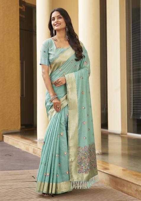 Blue Zari Embroidery Silk Saree