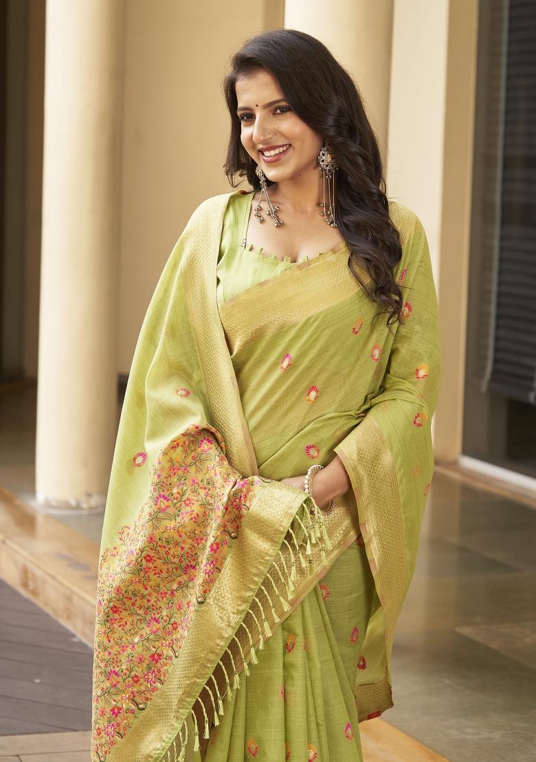 Green Zari Embroidery Silk Saree - Indya