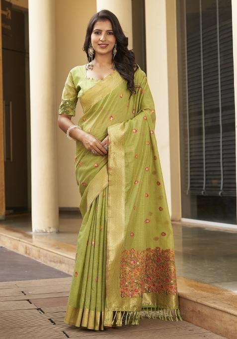 Green Zari Embroidery Silk Saree