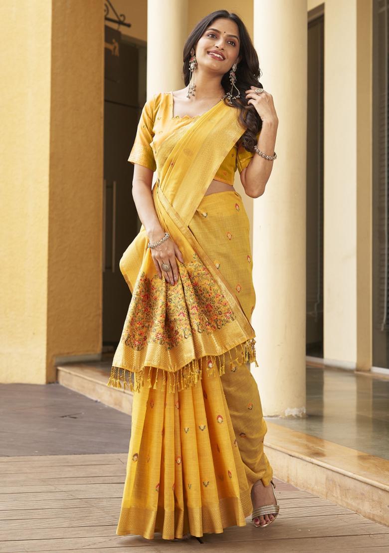 Yellow Zari Embroidery Silk Saree - Indya