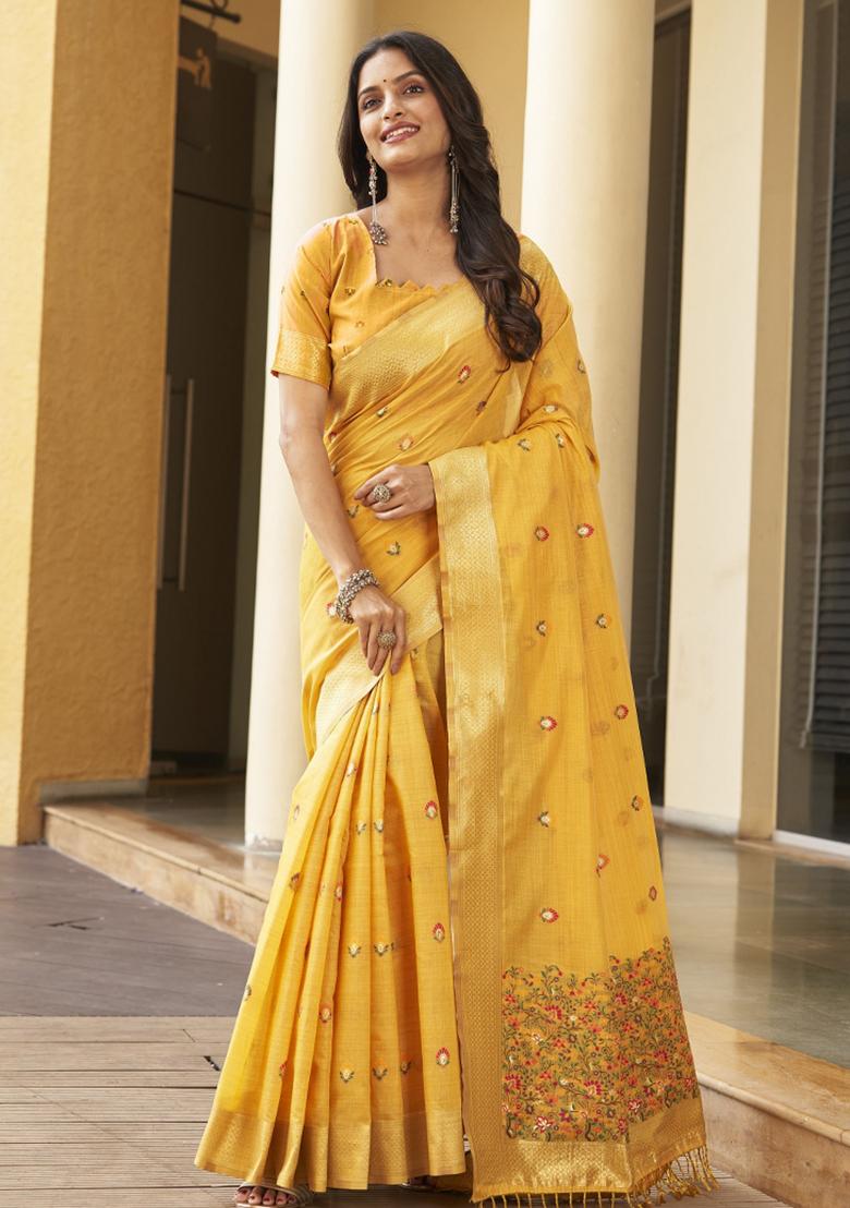 Yellow Zari Embroidery Silk Saree - Indya