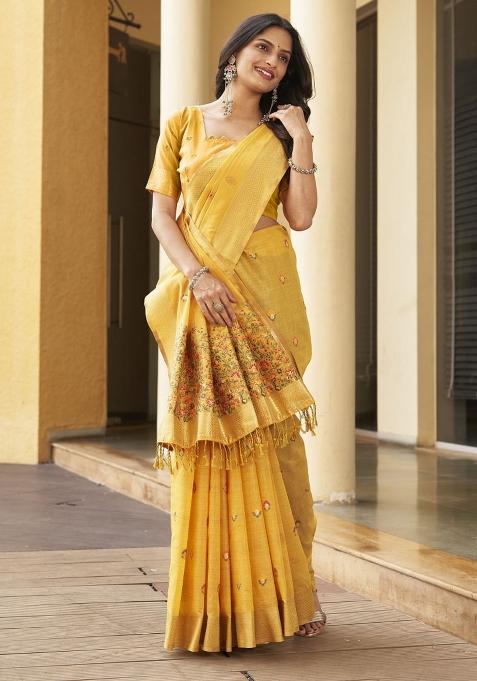 Yellow Zari Embroidery Silk Saree
