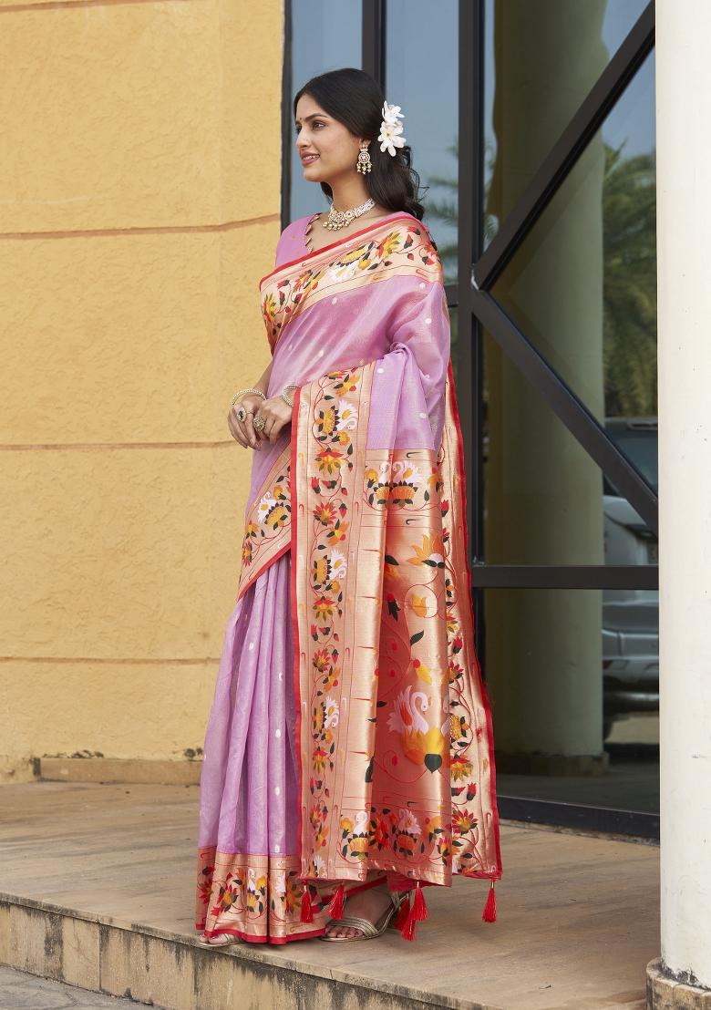 Pink Zari Embroidery Silk Saree - Indya