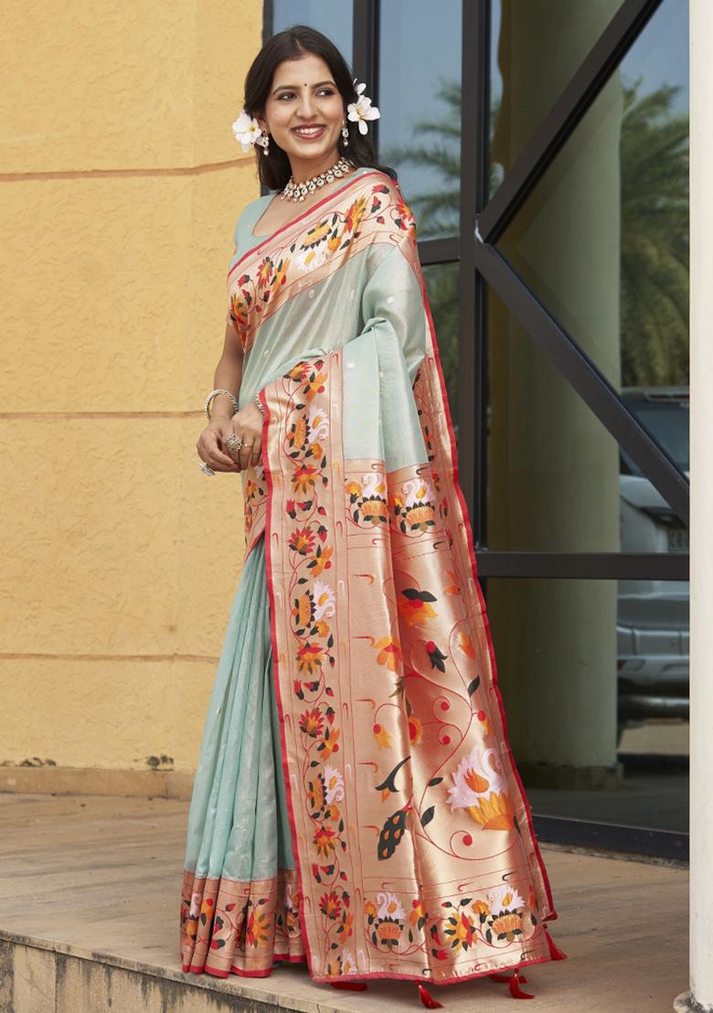 Blue Zari Embroidery Silk Saree - Indya