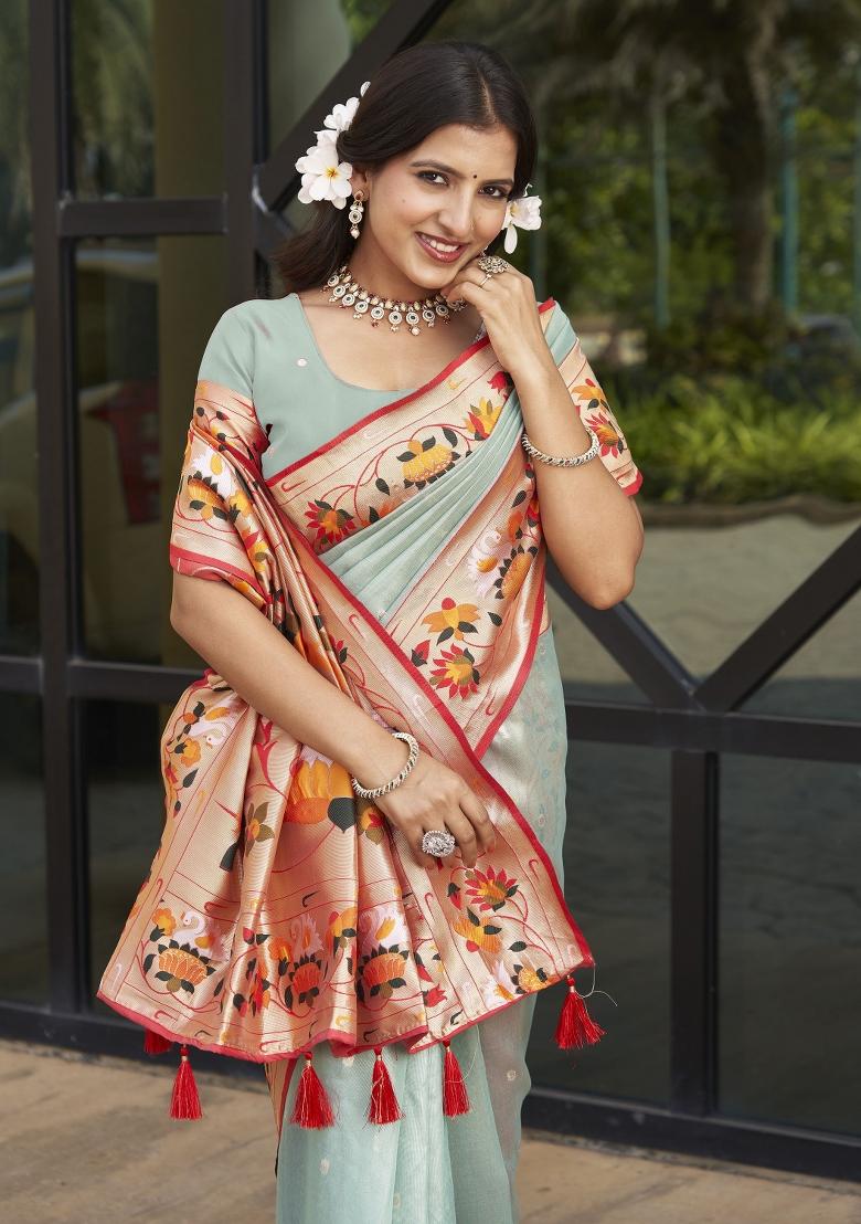 Blue Zari Embroidery Silk Saree - Indya