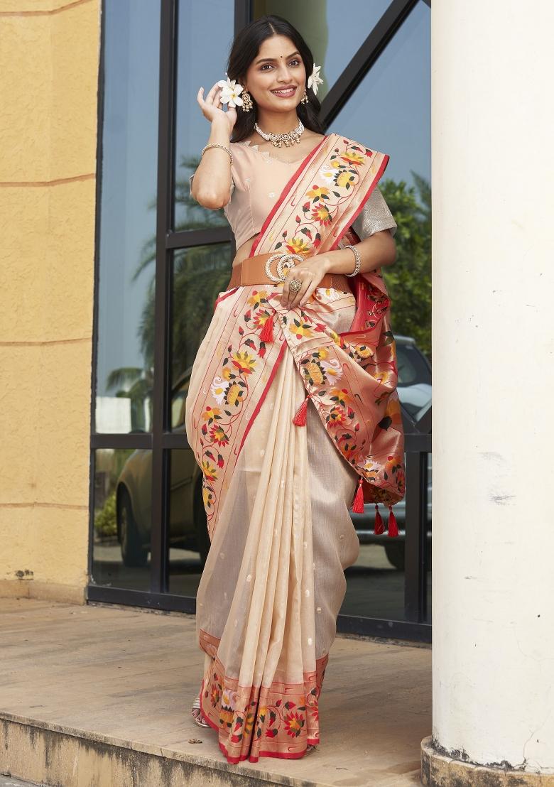 Cream Zari Embroidery Silk Saree - Indya