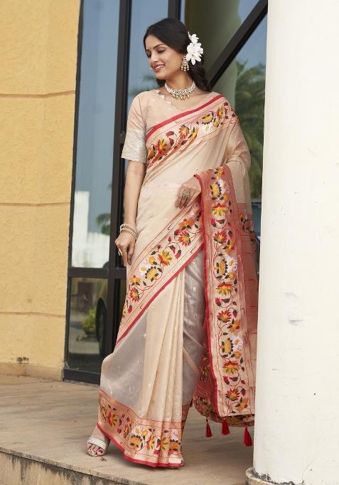 Cream Zari Embroidery Silk Saree
