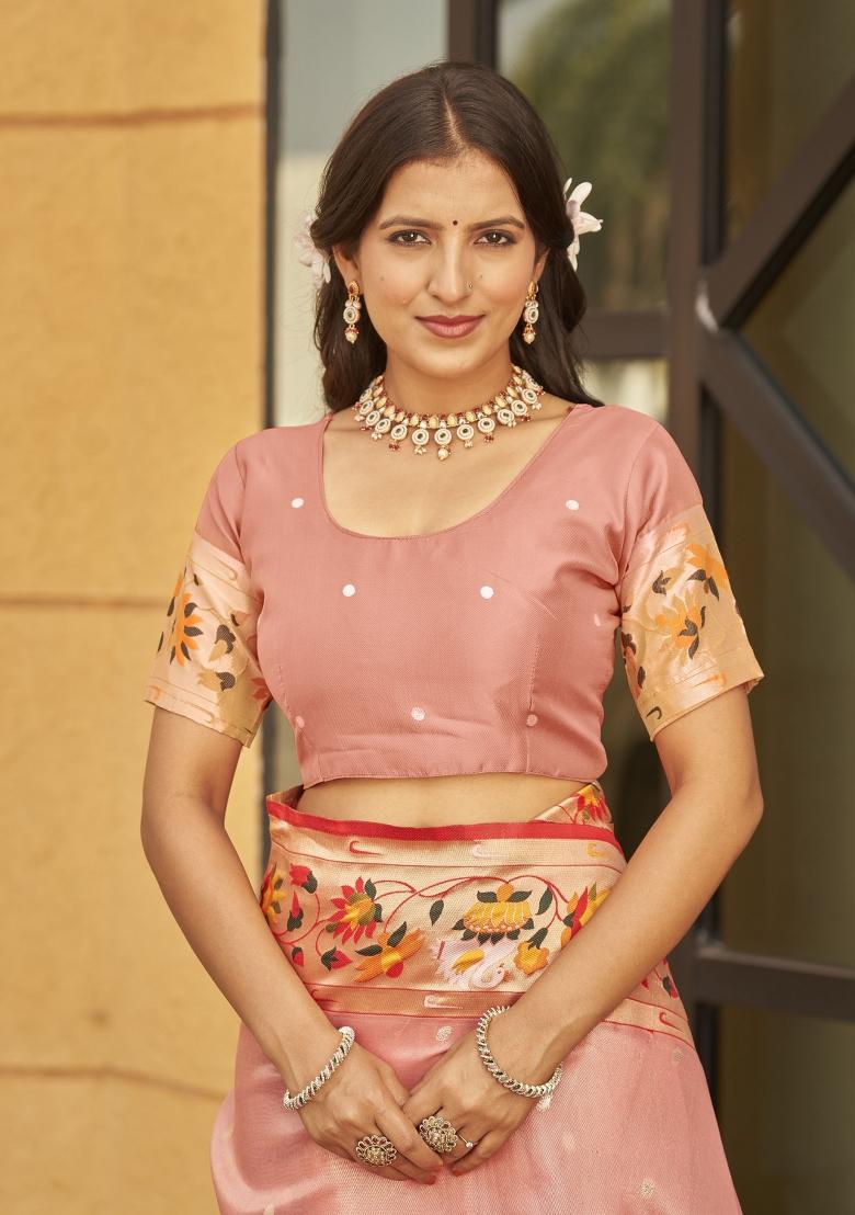 Pink Zari Embroidery Silk Saree - Indya