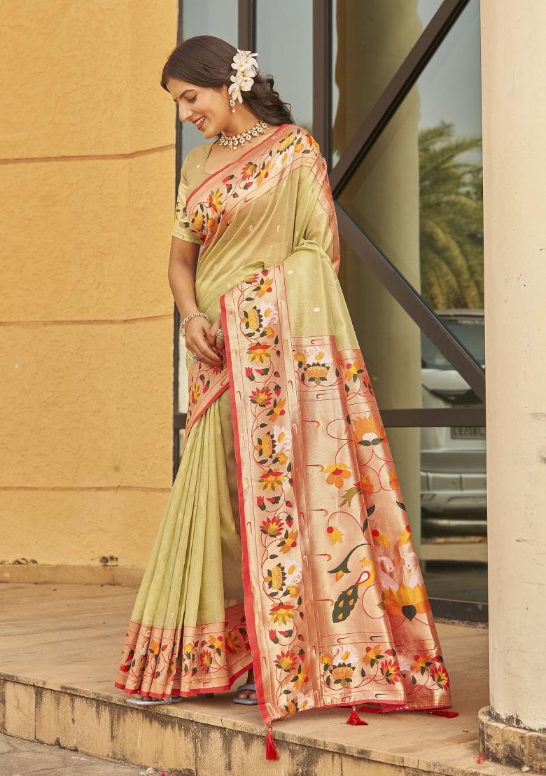 Green Zari Embroidery Silk Saree - Indya