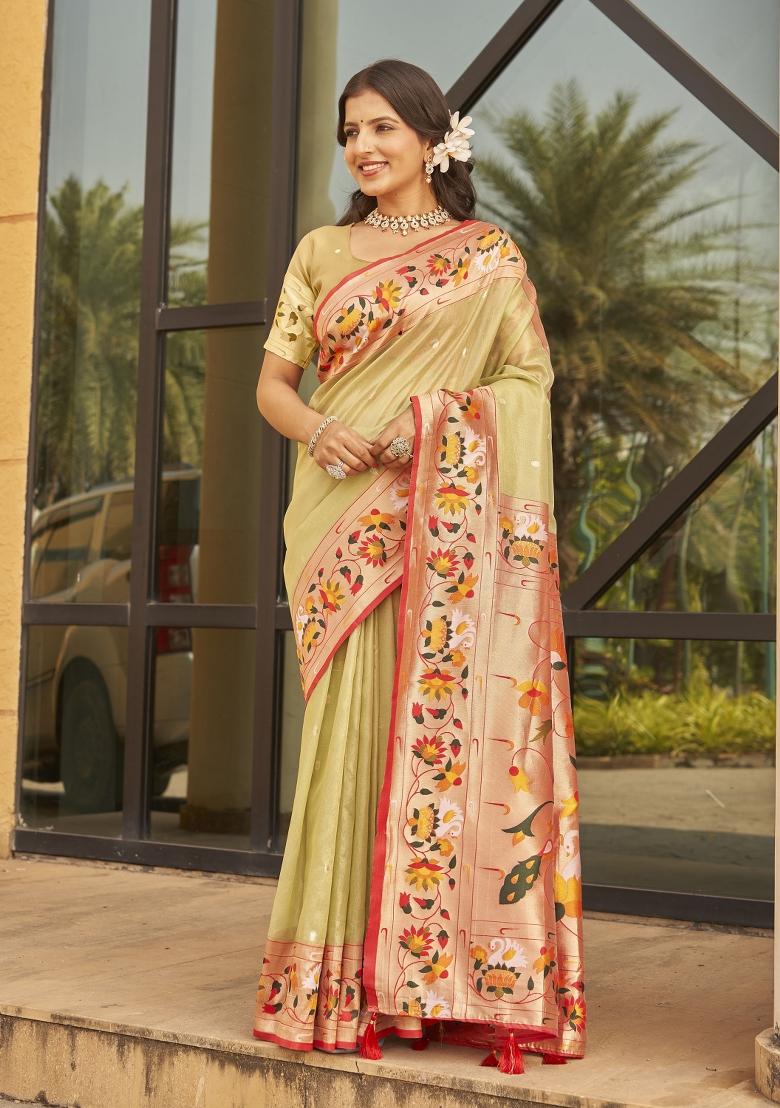 Green Zari Embroidery Silk Saree - Indya