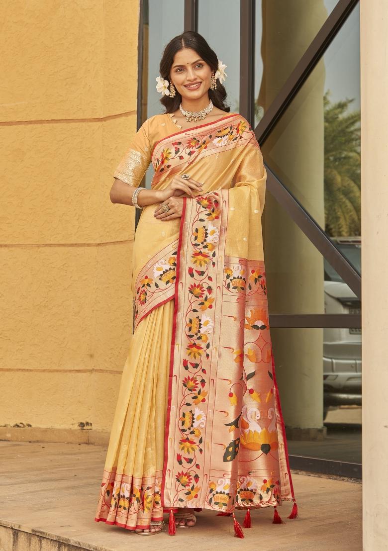 Yellow Zari Embroidery Silk Saree - Indya