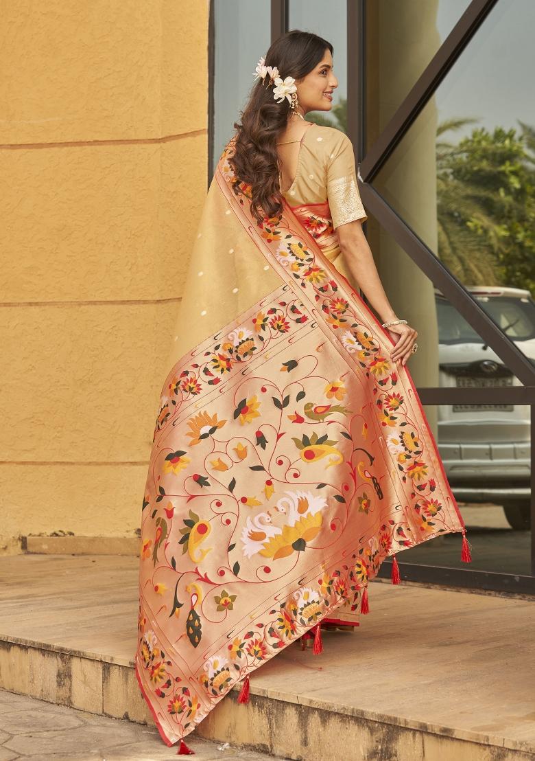 Yellow Zari Embroidery Silk Saree - Indya