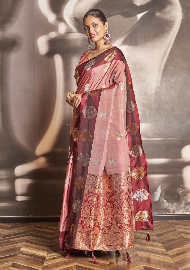 Red Zari Embroidery Silk Saree - Indya