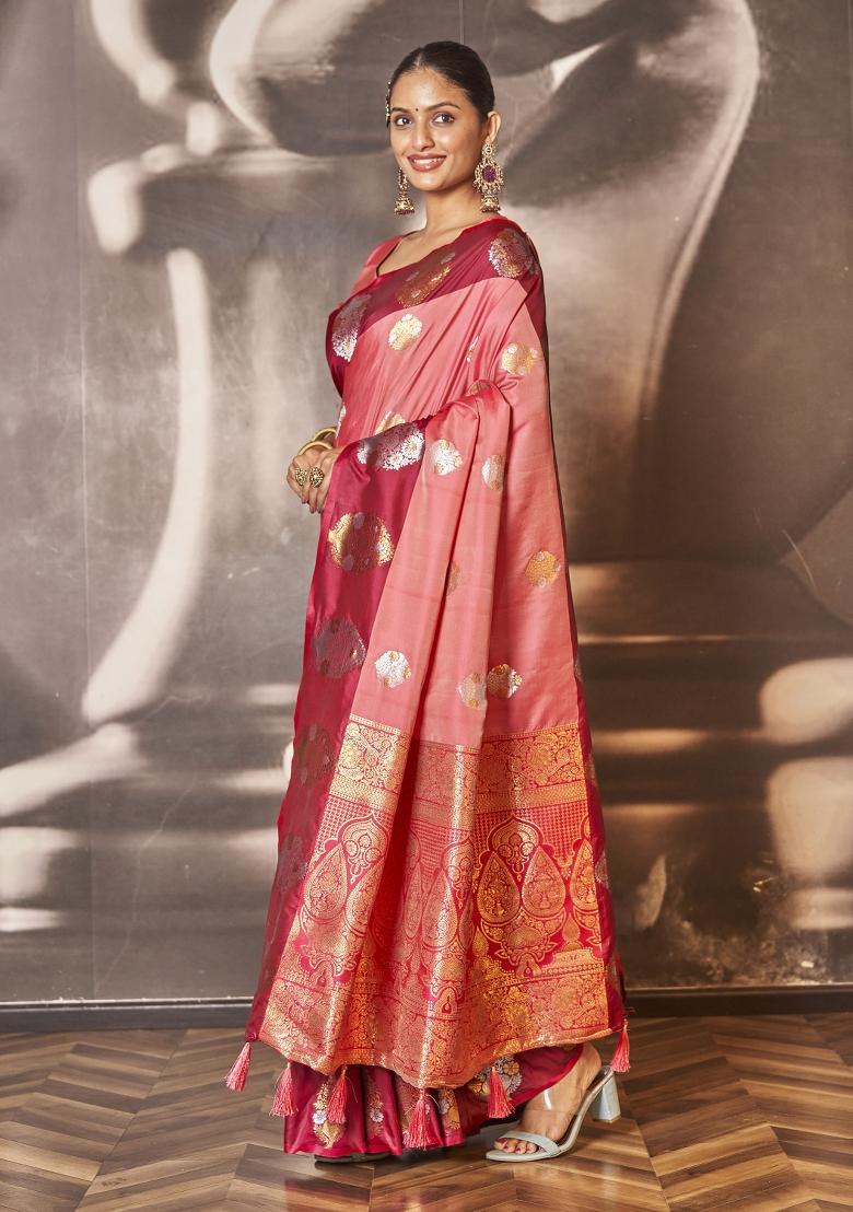 Pink Zari Embroidery Silk Saree - Indya