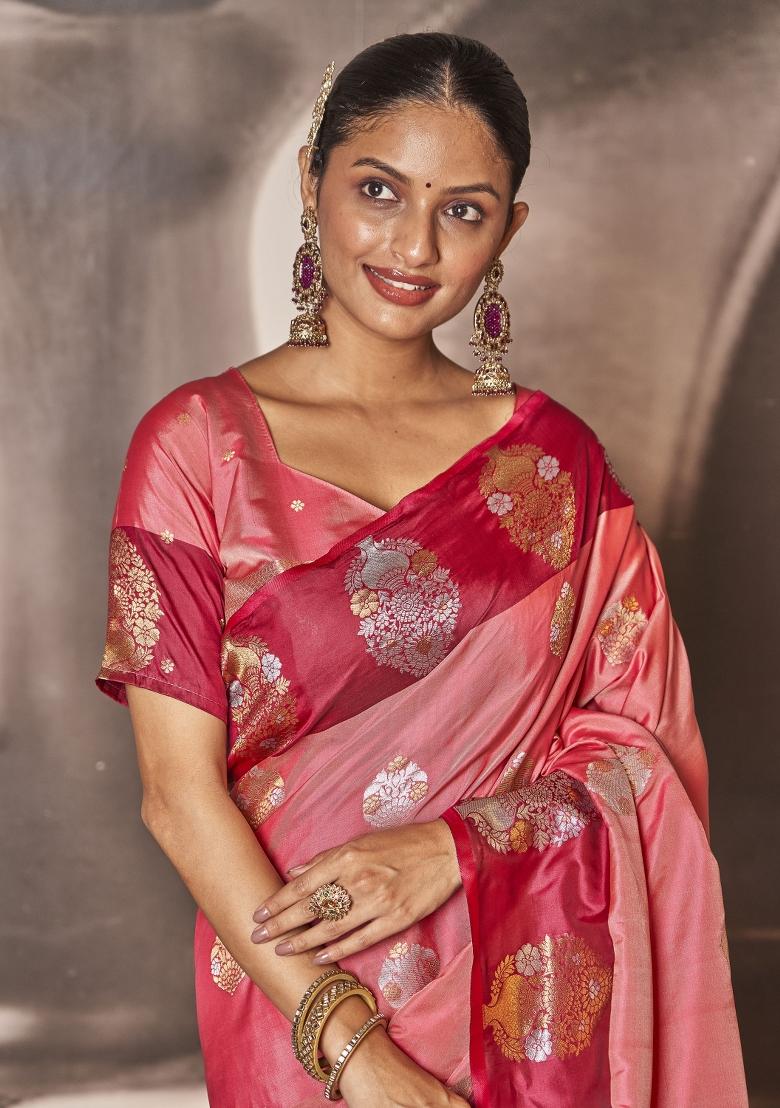 Pink Zari Embroidery Silk Saree - Indya