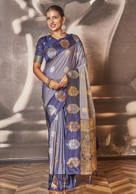 Blue Zari Embroidery Silk Saree