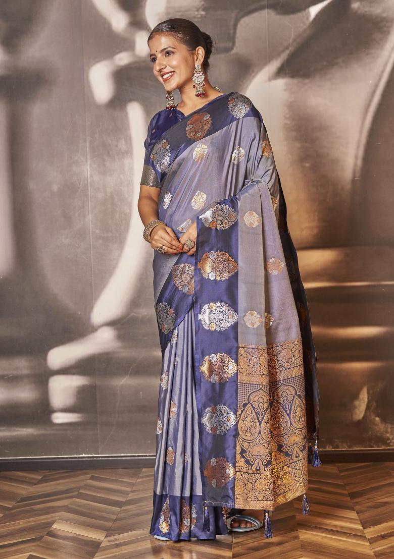 Blue Zari Embroidery Silk Saree - Indya