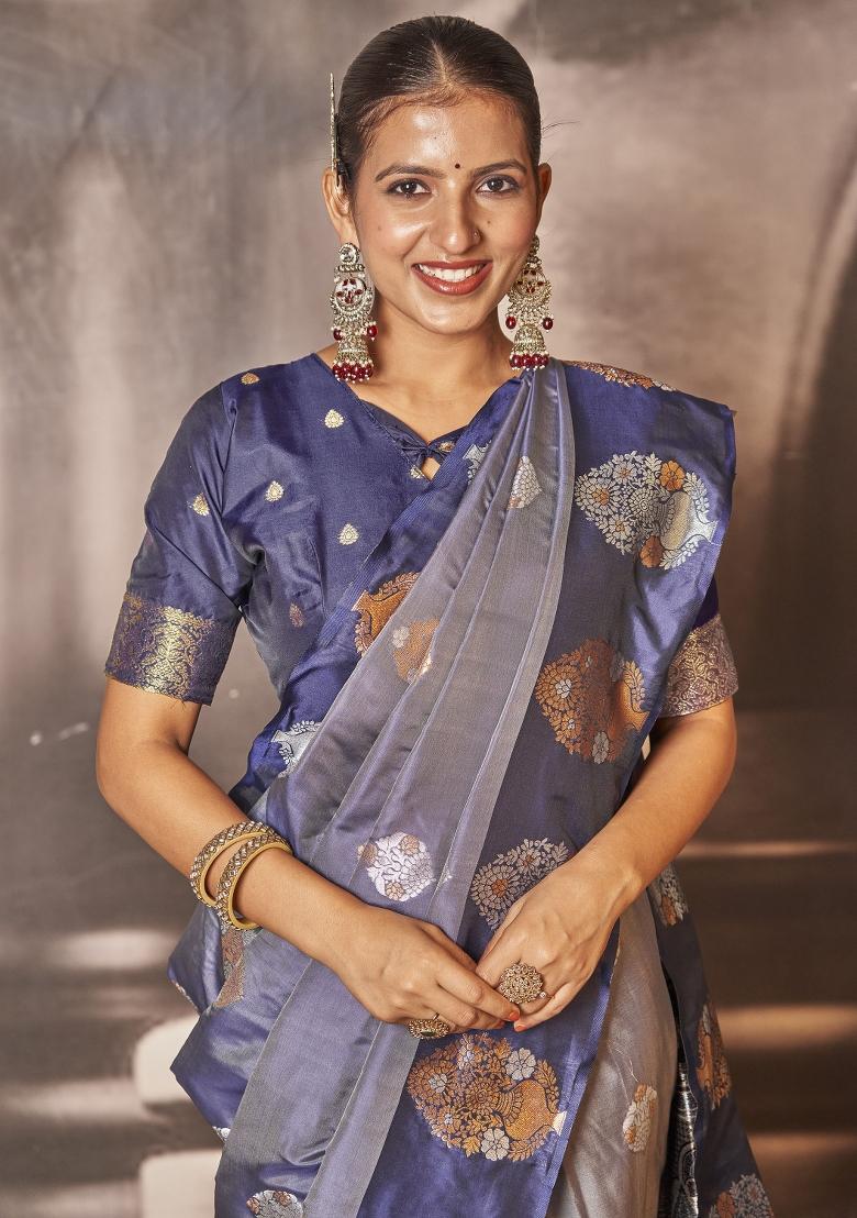 Blue Zari Embroidery Silk Saree - Indya