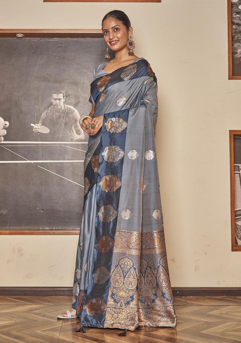 Grey Zari Embroidery Silk Saree - Indya
