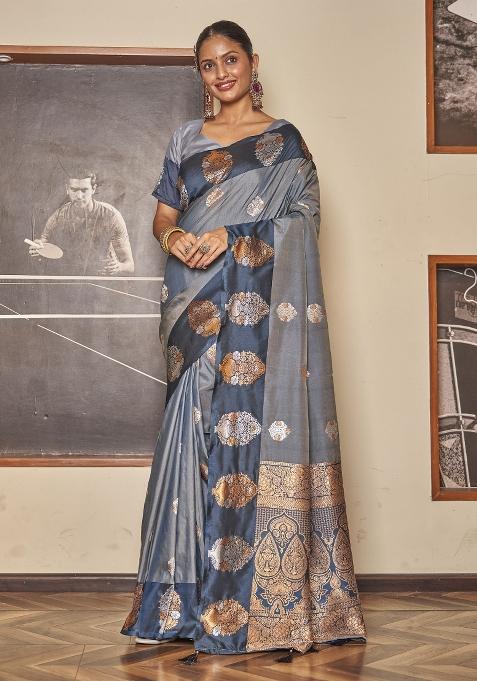 Grey Zari Embroidery Silk Saree