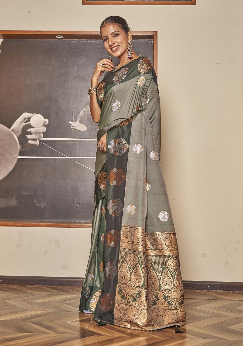 Green Zari Embroidery Silk Saree - Indya
