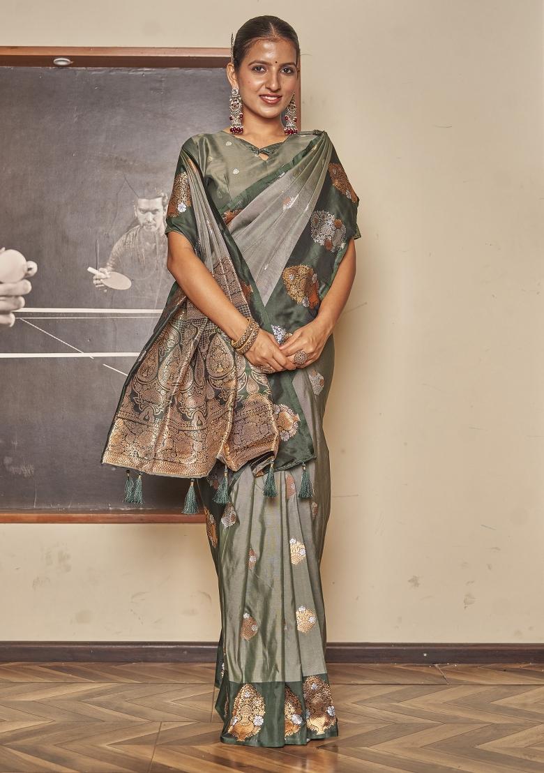 Green Zari Embroidery Silk Saree - Indya