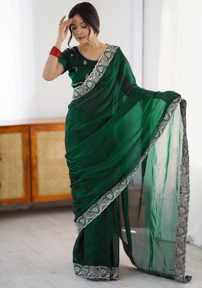 Green Zari Embroidery Georgette Saree - Indya