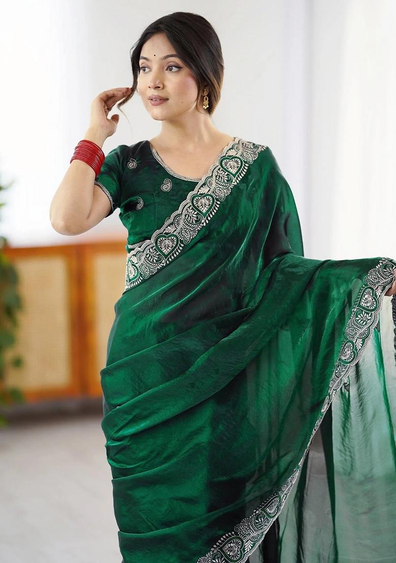 Green Zari Embroidery Georgette Saree - Indya