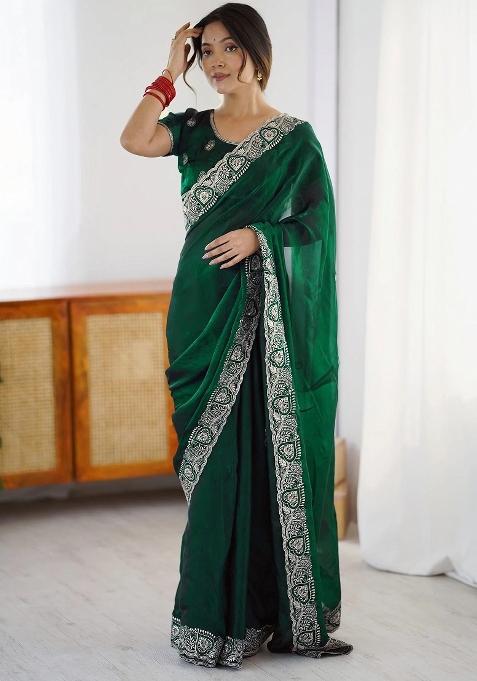 Green Zari Embroidery Georgette Saree