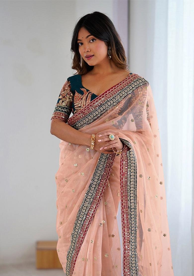 White Zari Embroidery Net Saree - Indya