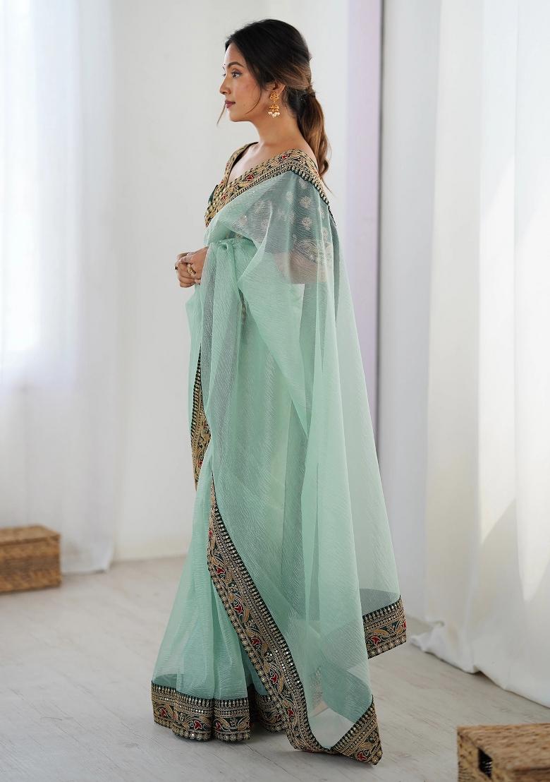 Blue Zari Embroidery Net Saree - Indya