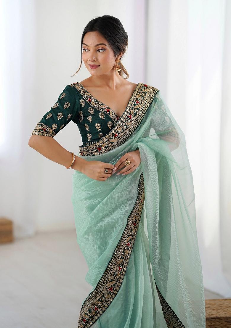 Blue Zari Embroidery Net Saree - Indya