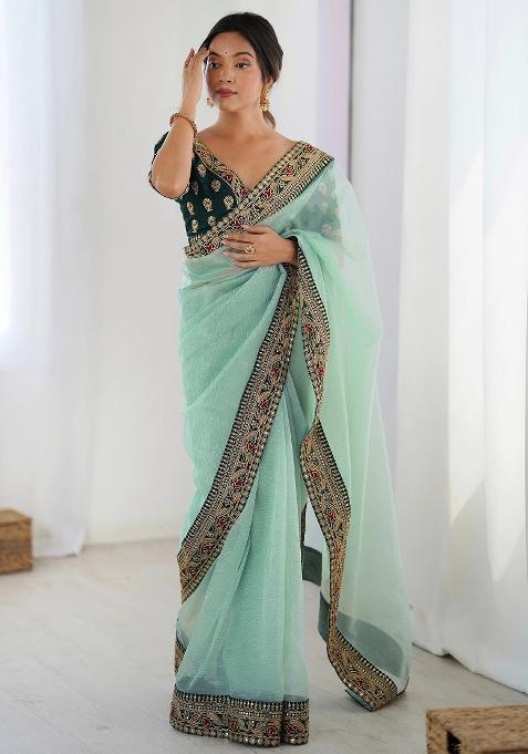 Blue Zari Embroidery Net Saree