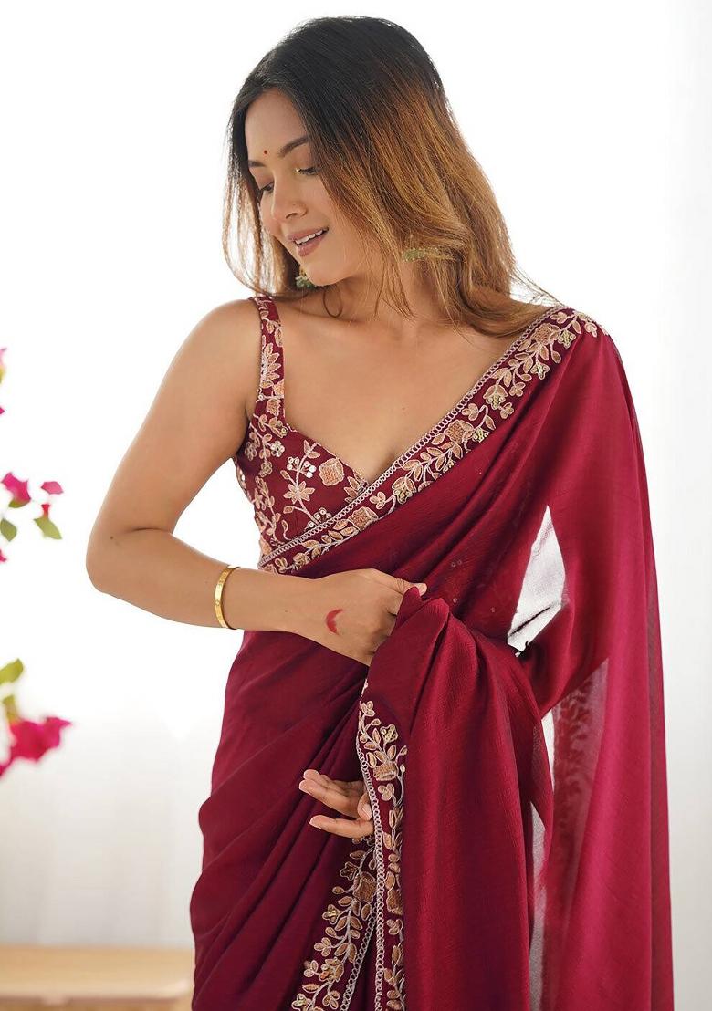 Maroon Zari Embroidery Georgette Saree - Indya