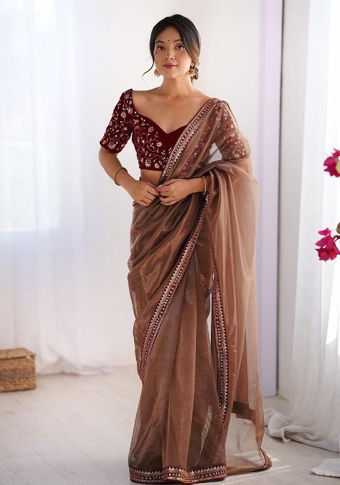 Brown Zari Embroidery Net Saree
