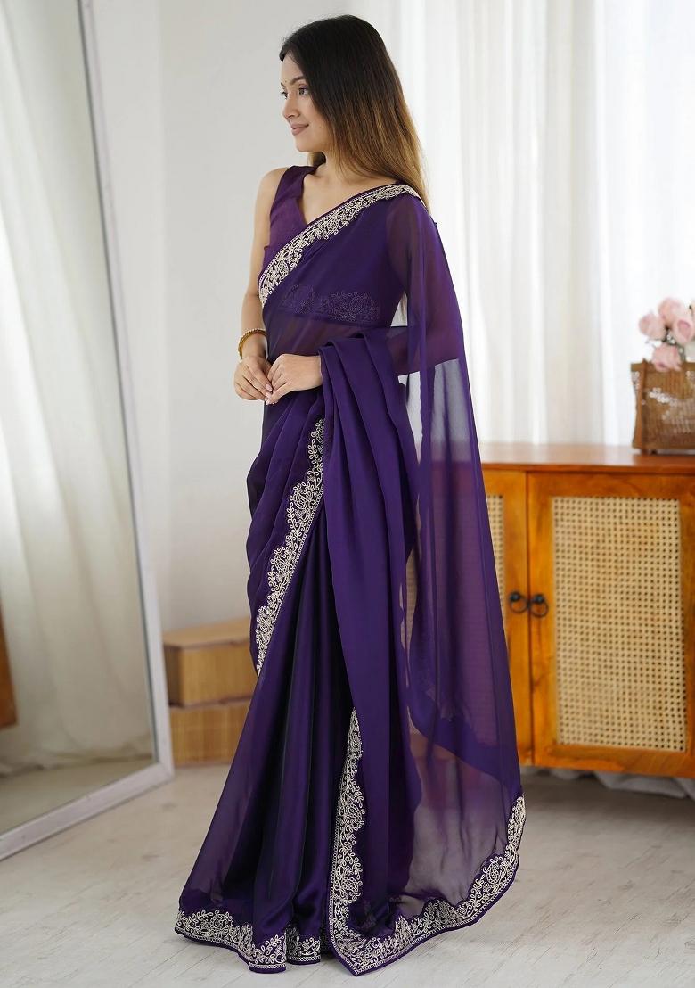 Purple Zari Embroidery Georgette Saree - Indya