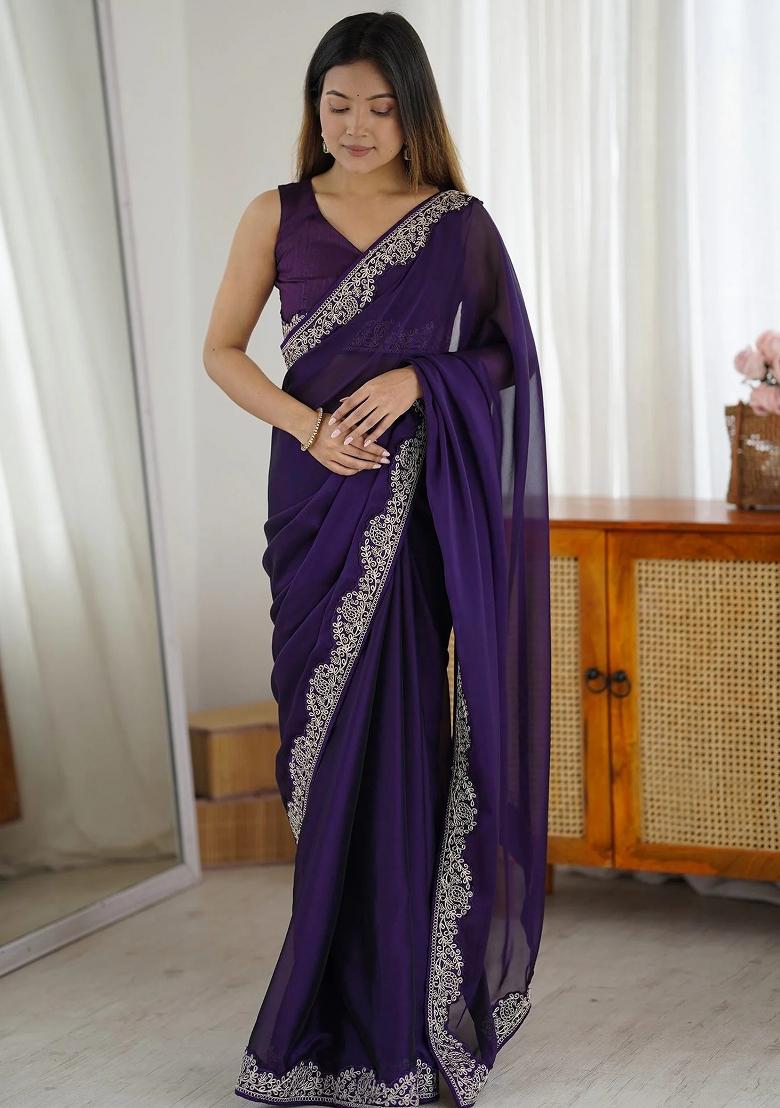 Purple Zari Embroidery Georgette Saree - Indya