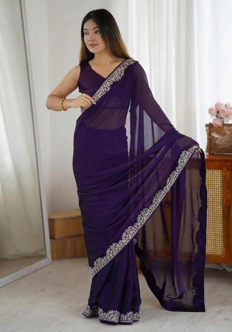 Purple Zari Embroidery Georgette Saree