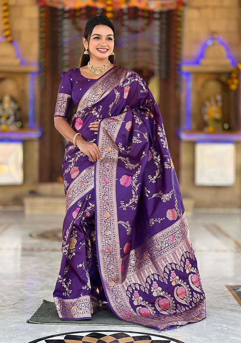 Wine Weaving Work Silk Blend Saree Set for Diwali and Festive Wear - Indya
