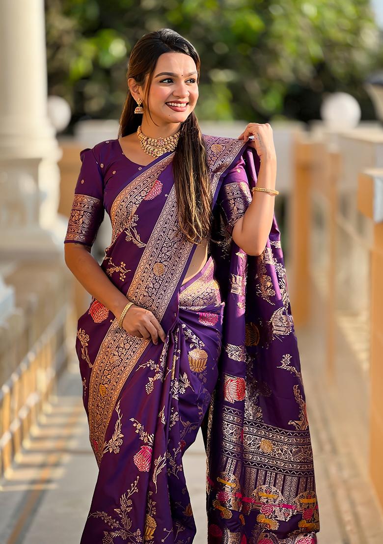 Wine Weaving Work Silk Saree Set - Indya