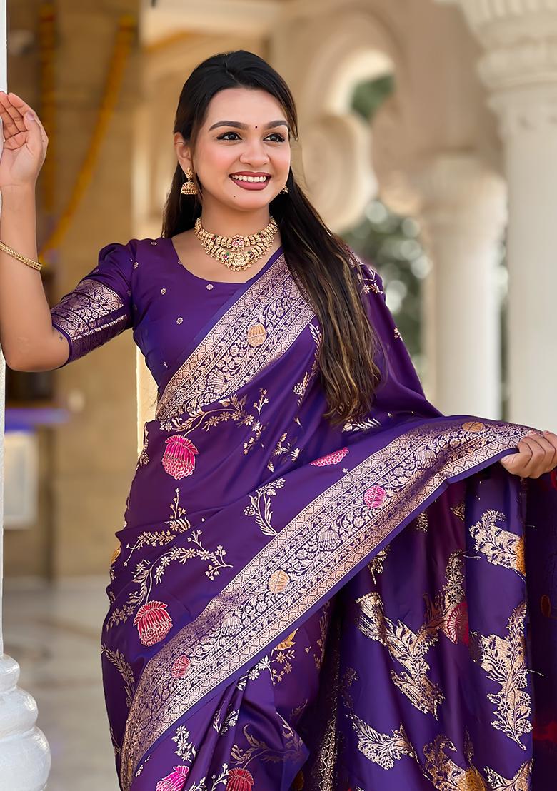 Wine Weaving Work Silk Saree Set - Indya