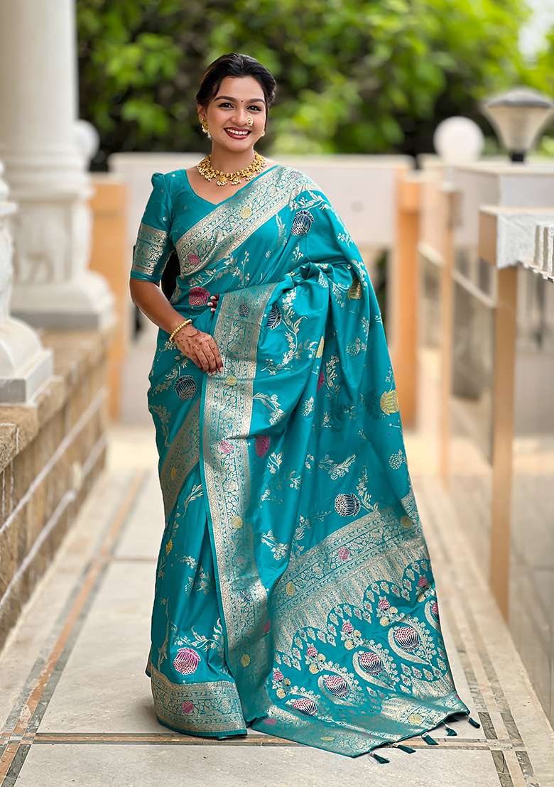 Rama Weaving Work Silk Blend Saree Set for Diwali | Wedding & Festive Wear - Indya