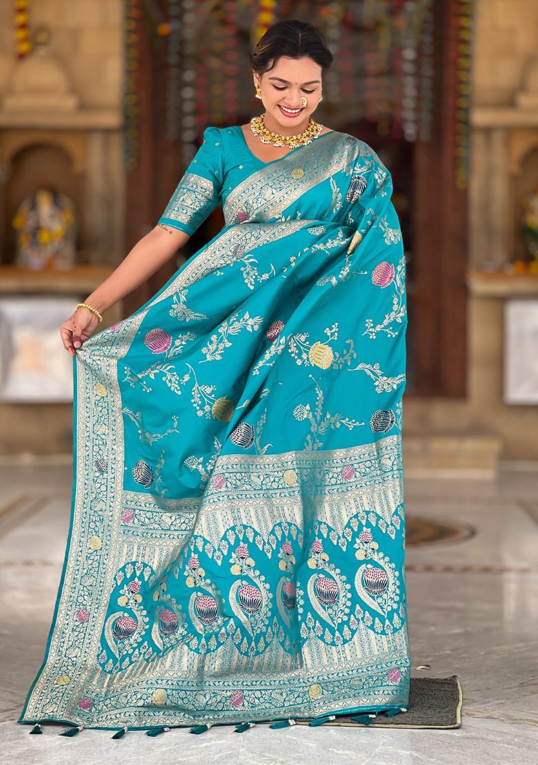 Rama Weaving Work Silk Saree Set - Indya