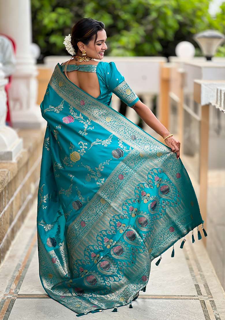Rama Weaving Work Silk Blend Saree Set for Diwali | Wedding & Festive Wear - Indya