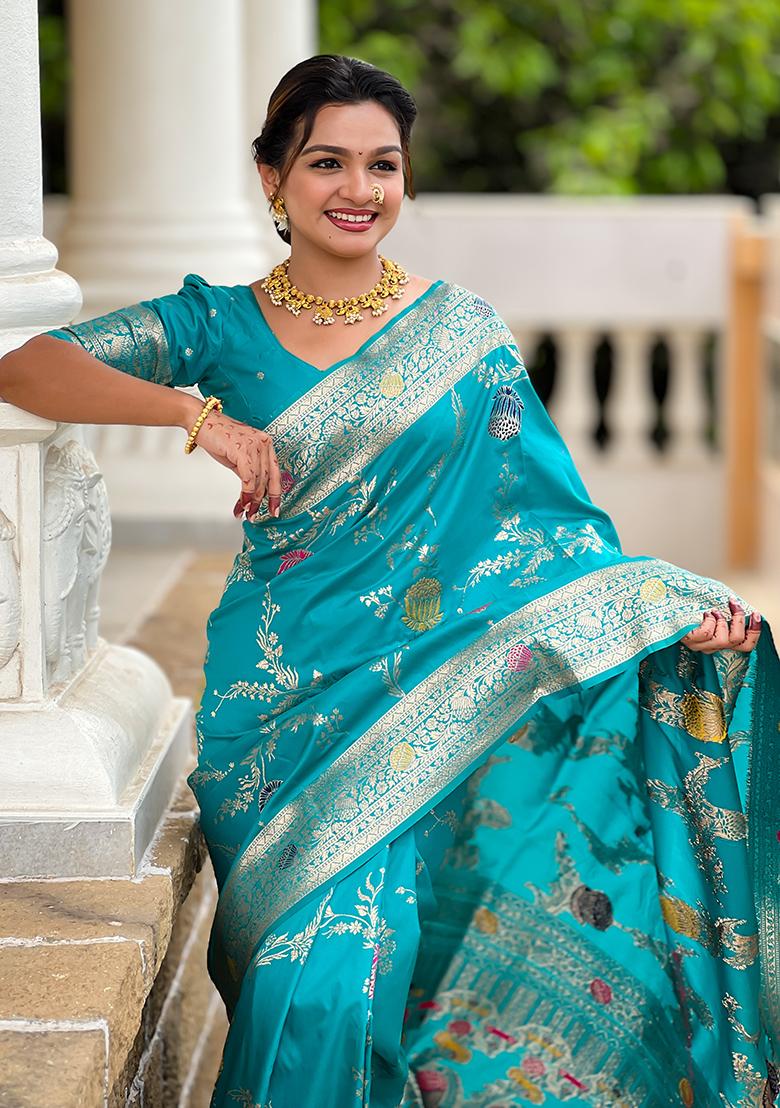 Rama Weaving Work Silk Saree Set - Indya