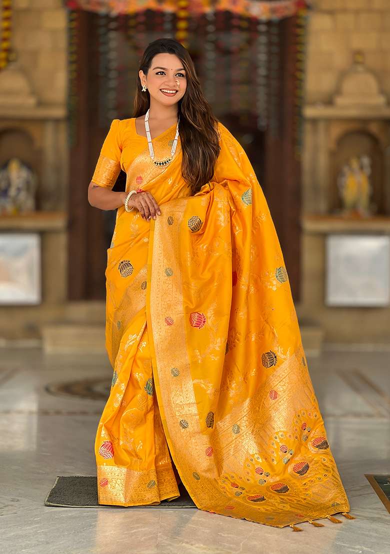 Yellow Weaving Work Silk Blend Saree Set for Diwali | Wedding & Festive Wear - Indya