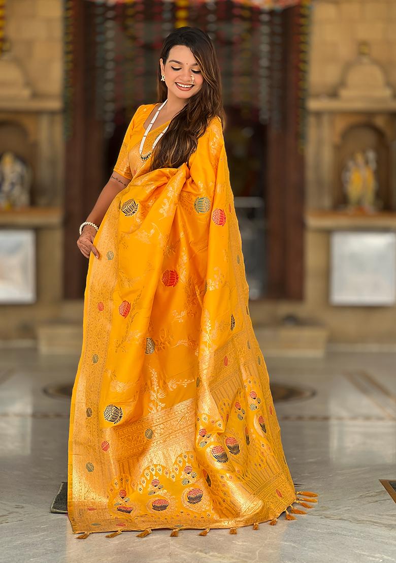 Yellow Weaving Work Silk Saree Set - Indya